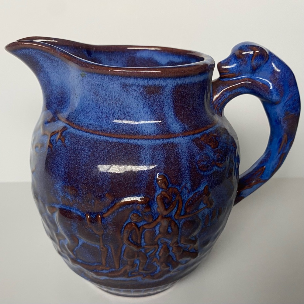 Hunting Pitcher Dog Handle Blue Drip Glaze Vintage EUC Pottery 6” EUC Horses